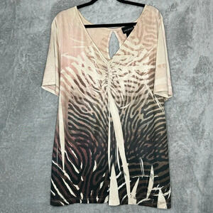 Lane Bryant 18 20 1X Shirt Top Brown Animal Top Short Sleeve V Neck Cutout Back